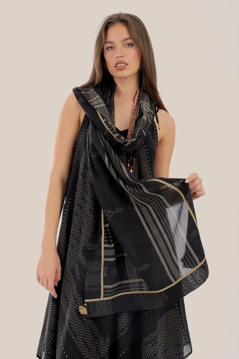 Printed cotton scarf with fabric tassels